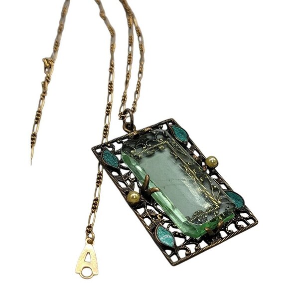 Artistry Green Glass Filigree Framed Pendant Necklace Enamel & Faux Pearl Accent - Picture 2 of 16